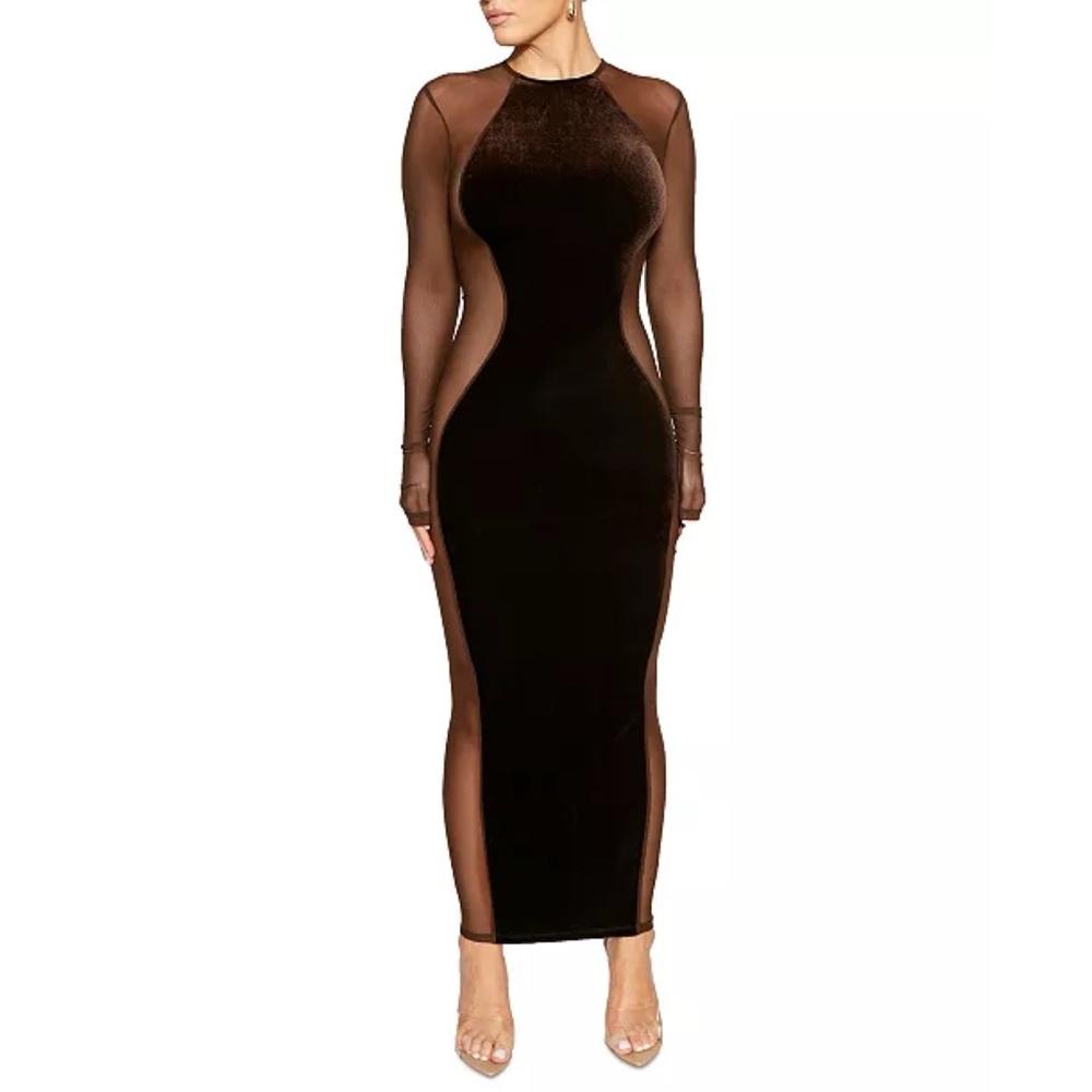 🆕  Naked Wardrobe Long-Sleeve Velvet Mesh Maxi Dress brown size medium